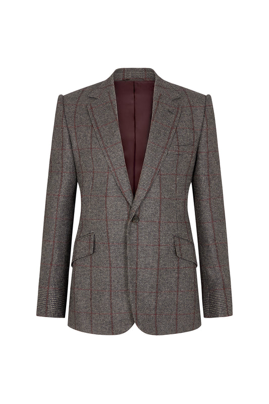 Navy/Burgundy Cashmere Hairline Check Single Breasted Jacket