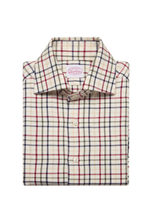 Wine Brushed Cotton Tattersall Single Cuff Shirt