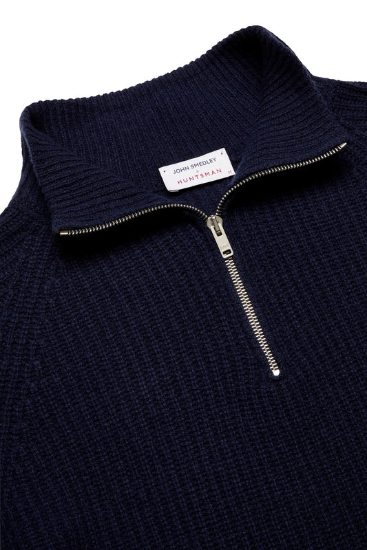 Huntsman x John Smedley Midnight Blue Merino/Cashmere Quarter Zip Jumper