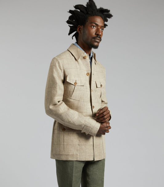 Beige/Red Linen Safari Windowpane Check Jacket