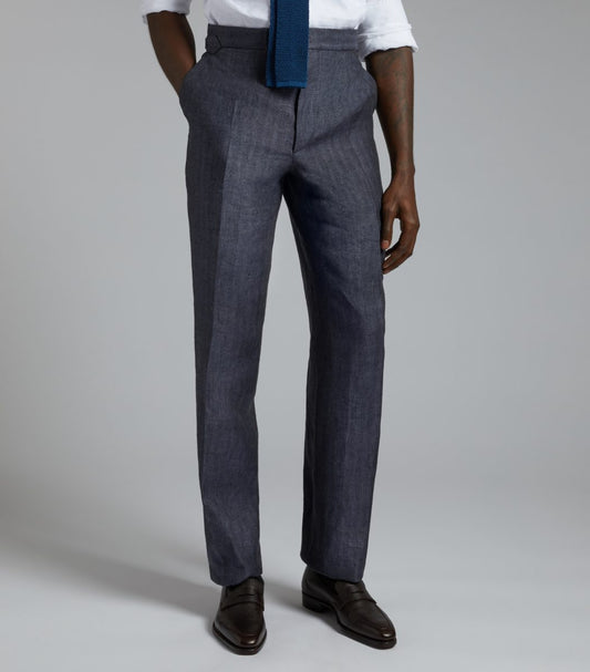 Navy Linen Herringbone Trousers