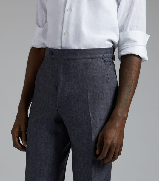 Navy Linen Herringbone Trousers