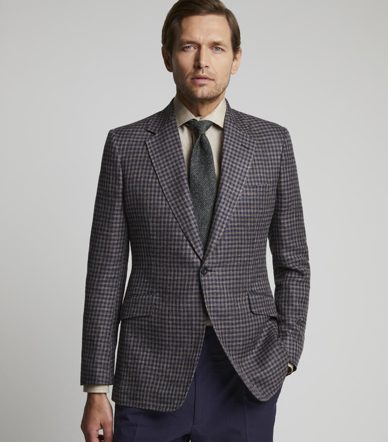Navy Linen Single Breasted Twill Check Jacket