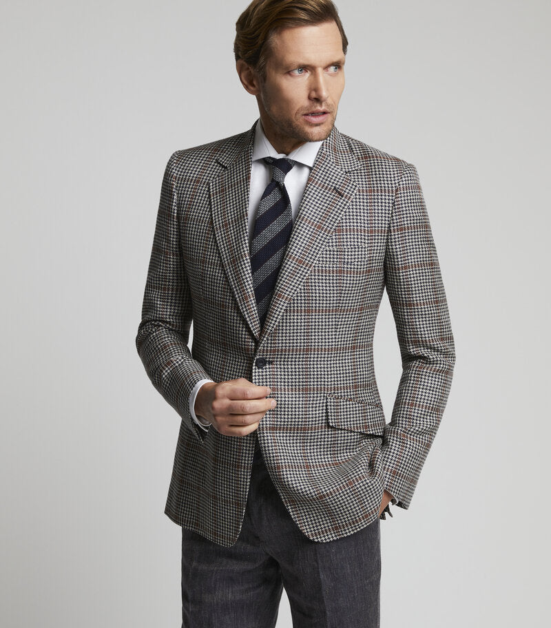 Navy Linen Single Breasted Houndstooth Jacket