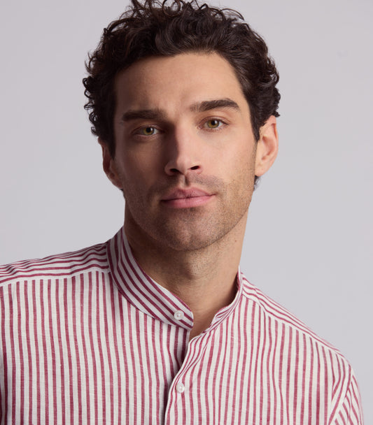 Red Linen Grandad Stripe Shirt