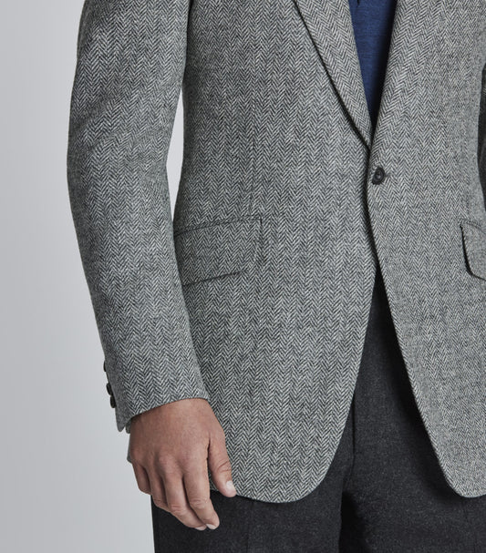 Grey Wool Single Breasted Herringbone Jacket
