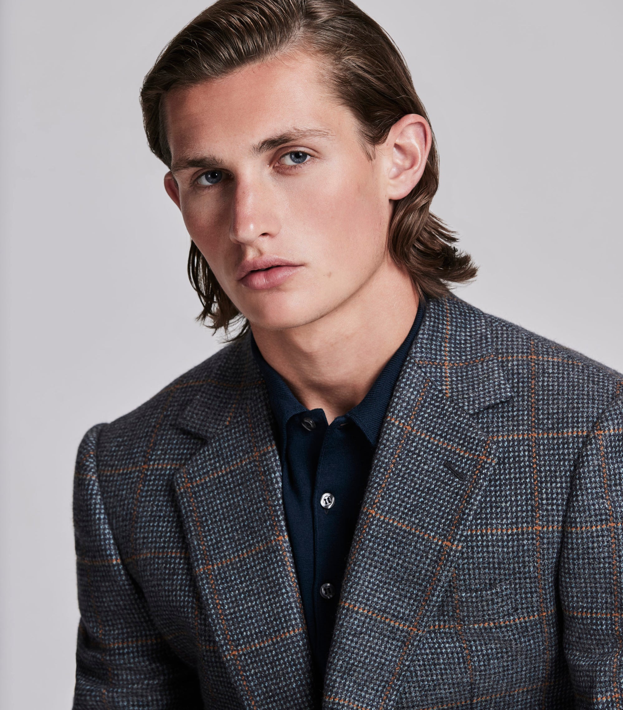 Navy/Rust Hairline Check Cashmere Jacket