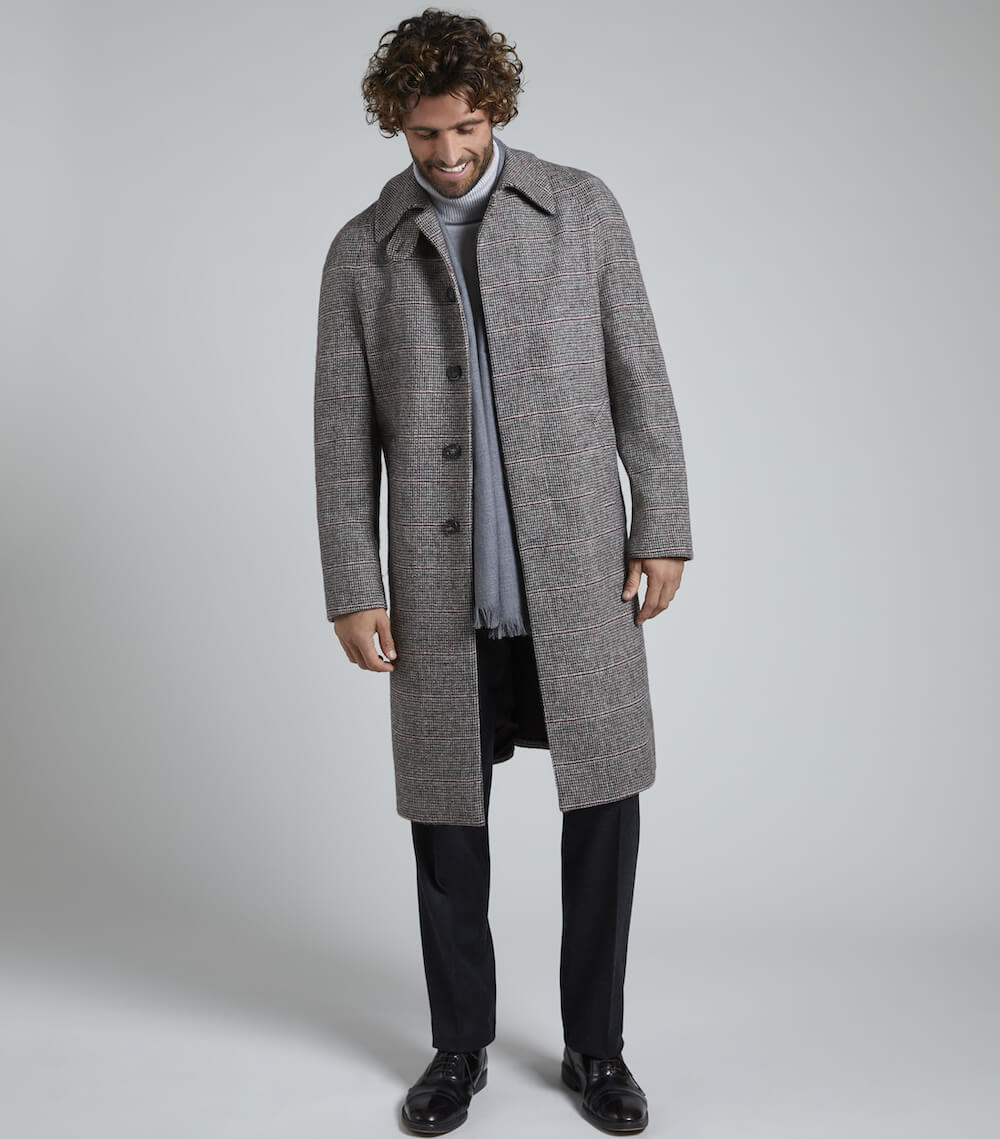 Claret/Grey Wool Balmacaan Overcheck Overcoat