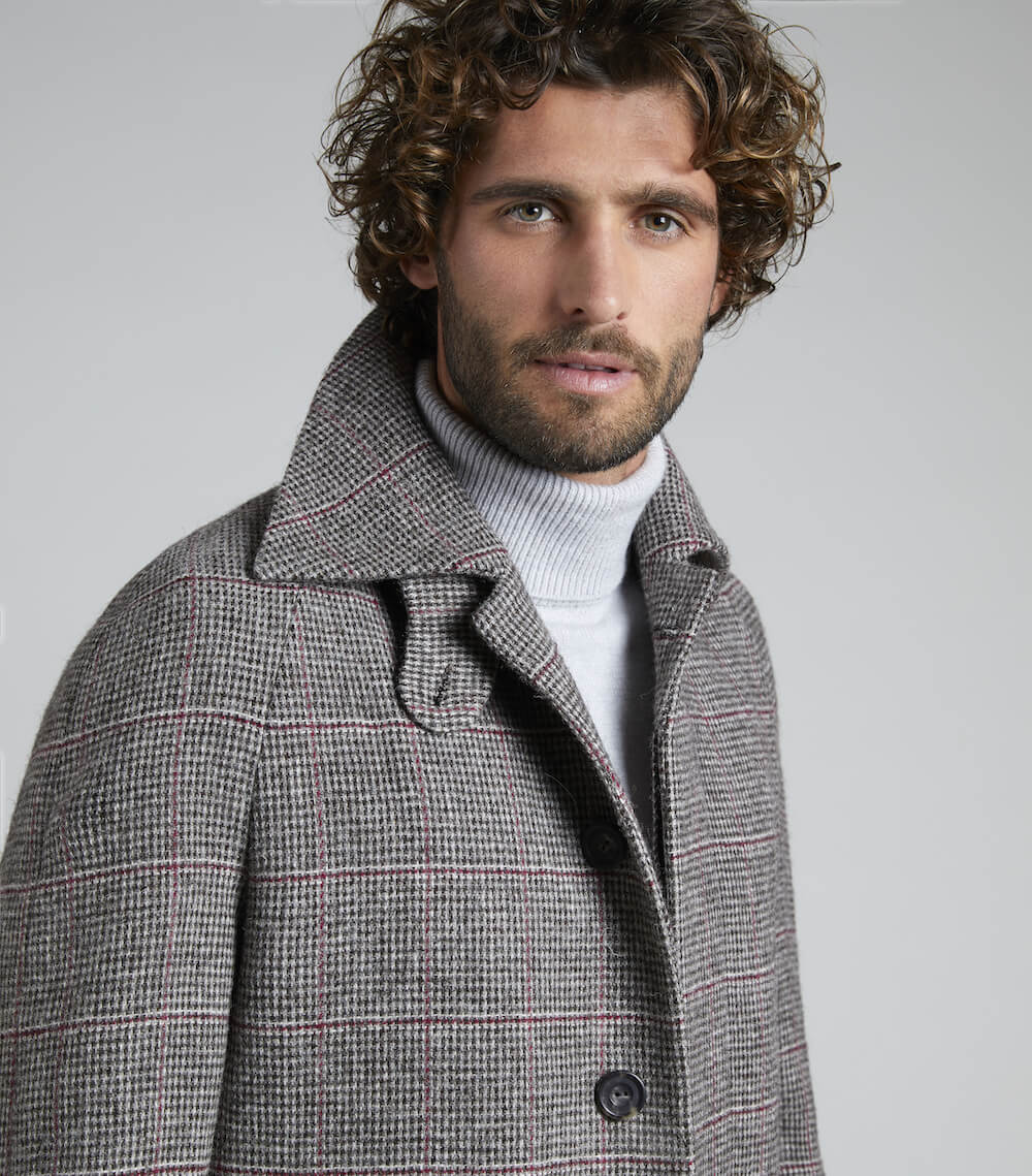 Claret/Grey Wool Balmacaan Overcheck Overcoat