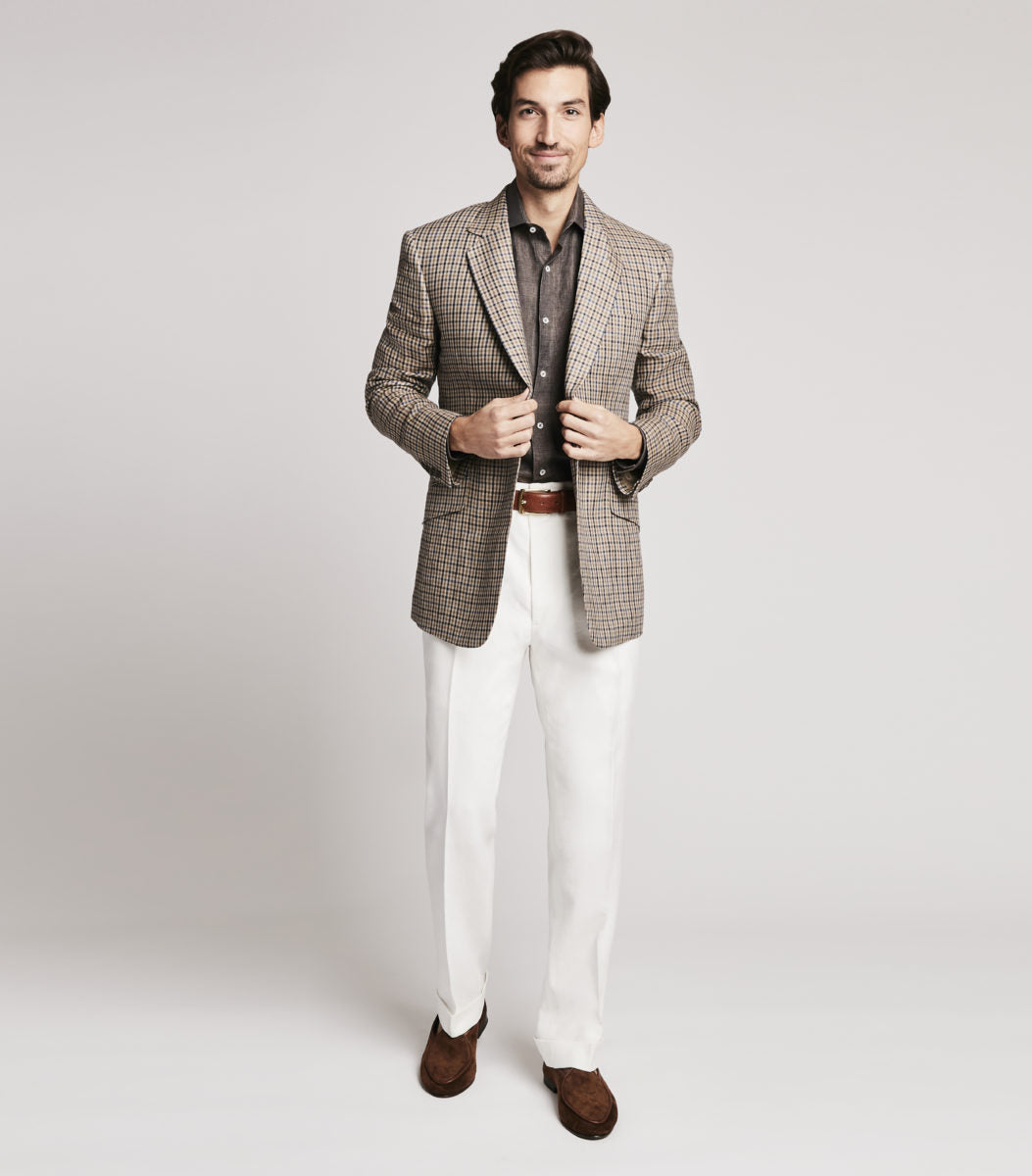 Brown Linen Single Breasted Check Jacket